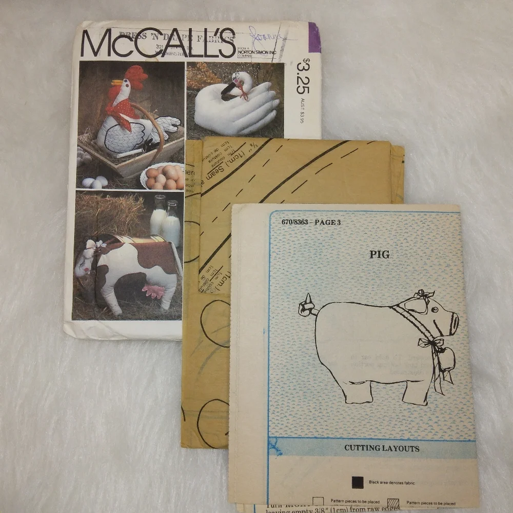 Vintage McCall's 8363 Animal Pillow Dolls Chicken, Swan, sheep, Pig, Cow